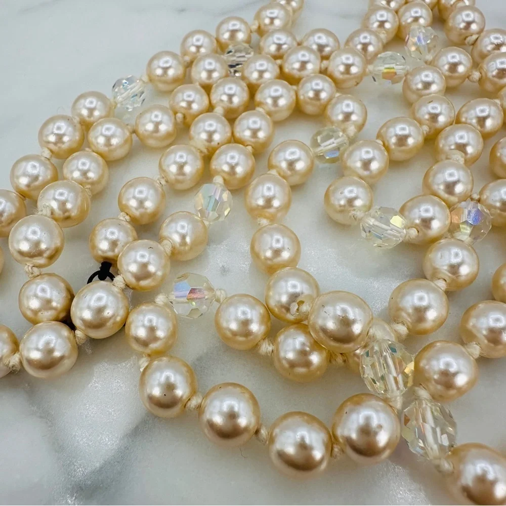 Vintage Glass Pearl Necklace Aurora Borealis Faceted Crystals Knotted Opera 52”